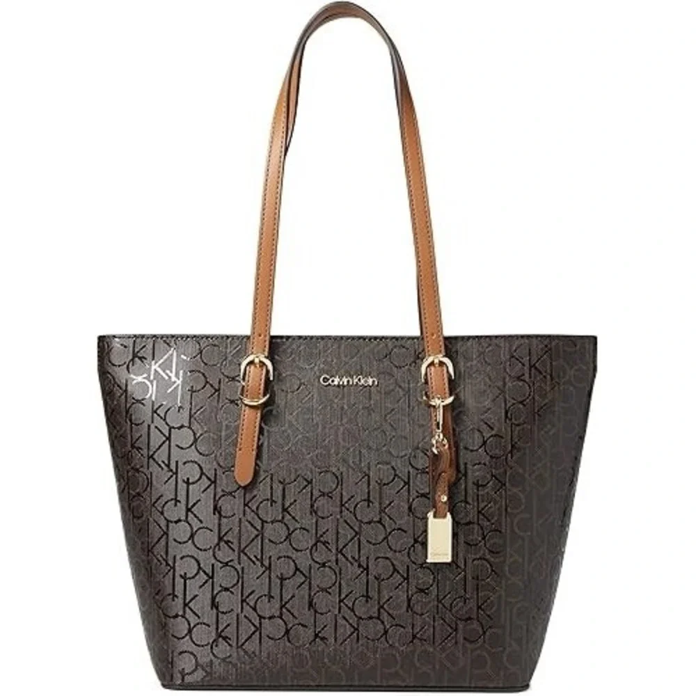 Calvin Klein Signature Tote‎ Bag Serafina Brown Logo 15.5x10.5x5in Handbag